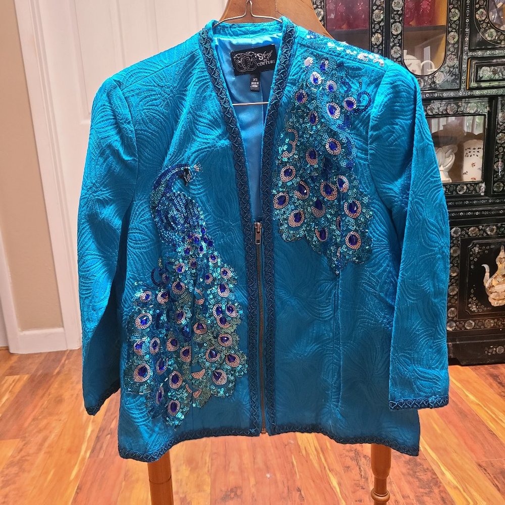 Sharif couture, XS, Turquoise sequin peacock jacket
